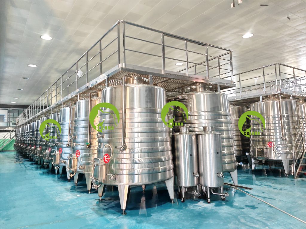 wine fermentation tanks with catwalk